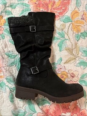Maurices Black Mid-Calf Buckle Heeled Boots